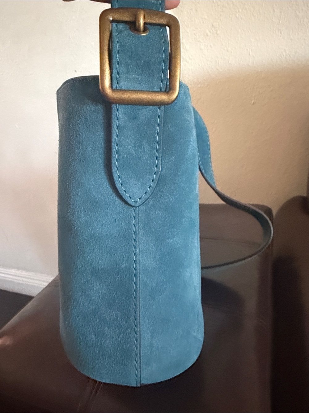COACH Teal Suede Bucket Bag with Wide Adjustable Strap - Picture 8 of 11
